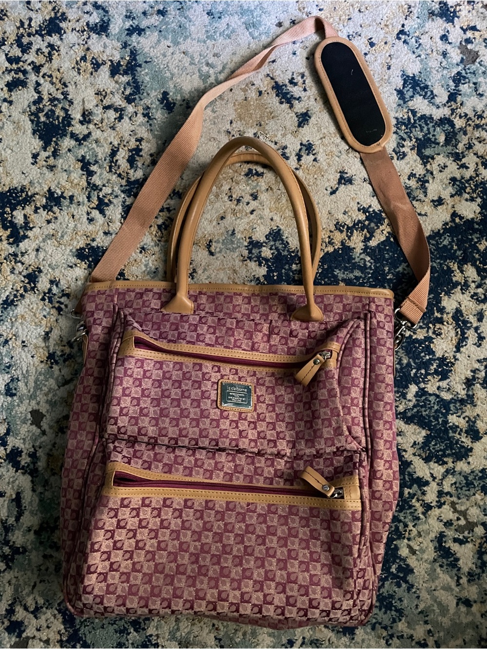 Liz Claiborne Pink Patterned Shoulder Tote with Tan Trim